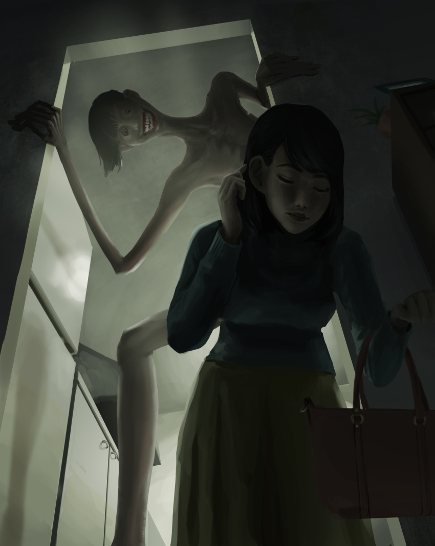 1girl, 1other, absurdres, asymmetrical_bangs, bag, black_hair, blue_shirt, closed_eyes