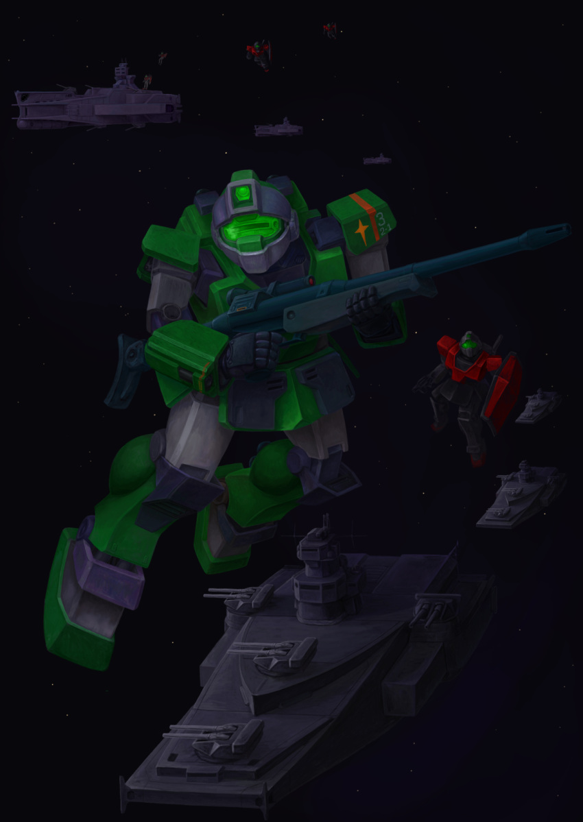 commentary_request, double_beam_cannon, earth_federation_space_forces, energy_cannon, fleet, gm_(mobile_suit), gm_sniper_custom, green_visor, gun, gundam, gundam_msv, highres, mecha, mecha_focus, megellan_(gundam), mobile_suit, mobile_suit_gundam, rifle, robot, salamis_class, shield, sniper_rifle, space, spacecraft, star_(sky), volkov-1953, weapon, zero_gravity