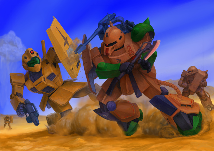 battle, beam_rifle, blue_sky, cable, clouds, commentary_request, damaged, desert