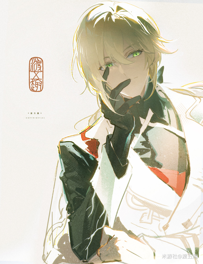 1boy, absurdres, backlighting, bishounen, black_hands, black_shirt, black_sleeves, blonde_hair