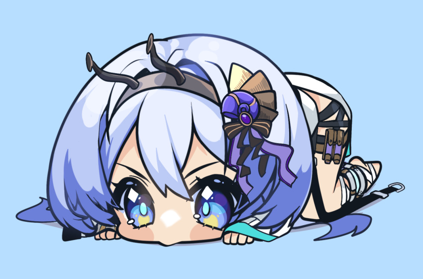 1girl, ahichiru, all_fours, bandaged_foot, bandages, blue_background, blue_eyes, blue_hair
