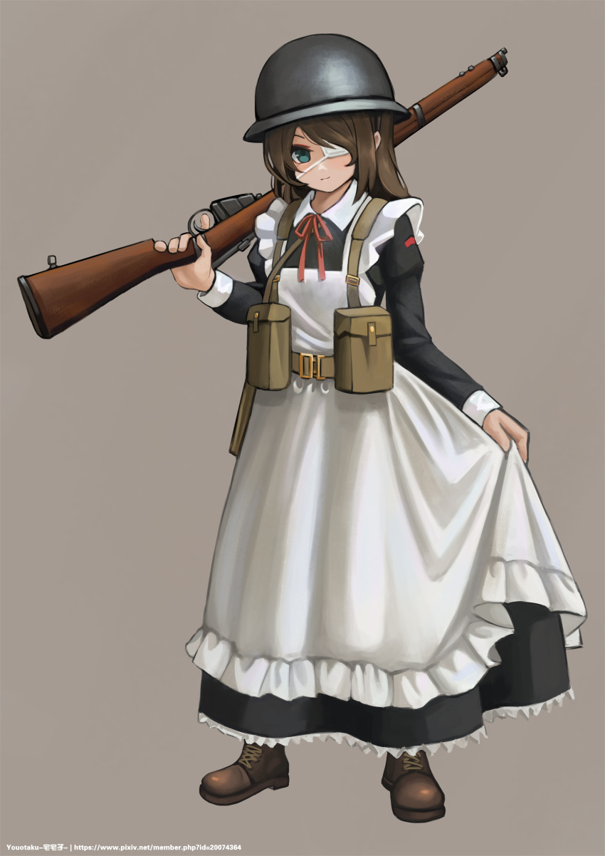 1girl, absurdres, apron, belt, black_dress, blue_eyes, bolt_action, brown_hair