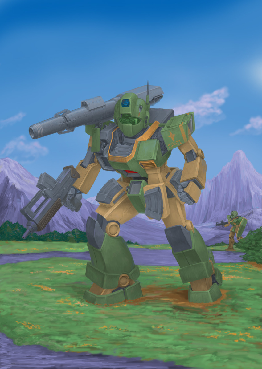 assault_rifle, blue_sky, clouds, commentary_request, earth_federation, gm_cannon, grass, gun
