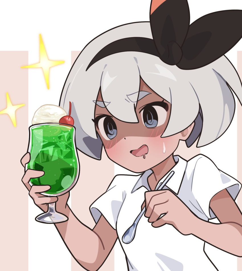 1girl, :d, @_@, bea_(pokemon), black_hairband, blush, collared_shirt, cup