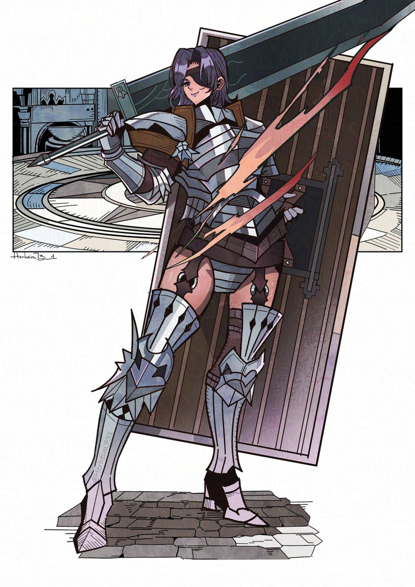 1girl, amalia_(unicorn_overlord), armor, artist_name, curtained_hair, english_commentary, eyepatch, gauntlets, herheim, highres, holding, holding_shield, holding_sword, holding_weapon, huge_weapon, purple_hair, sabaton, shield, simple_background, smile, solo, sword, unicorn_overlord, weapon
