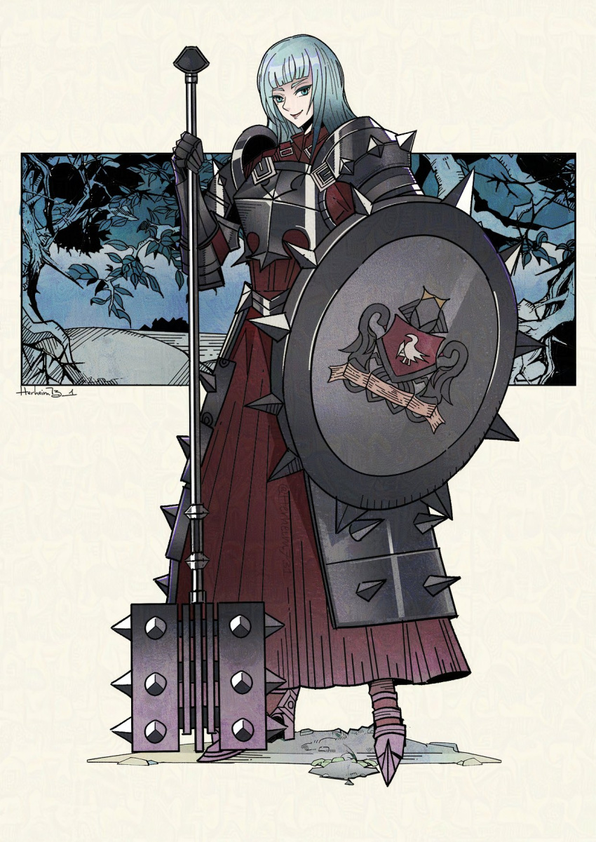 1girl, alcina_(unicorn_overlord), armor, armored_dress, artist_name, blunt_bangs, dress, english_commentary