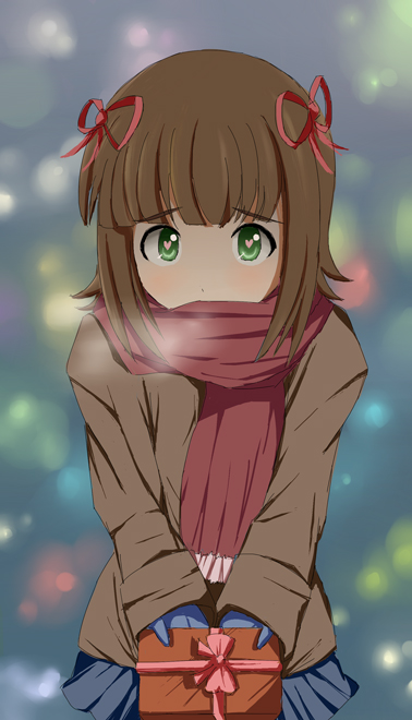 bad_id, brown_hair, gift, gloves, green_eyes, heart, heart-shaped_pupils, holding