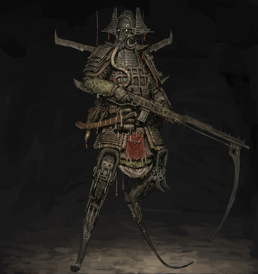 ariel_perez, armor, bayonet, black_background, full_armor, full_body, gauntlets, gloves