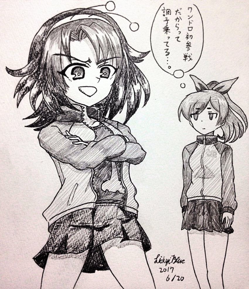 2girls, black_skirt, black_undershirt, bow, crossed_arms, fake_antennae, girls_und_panzer, girls_und_panzer_phase_erika