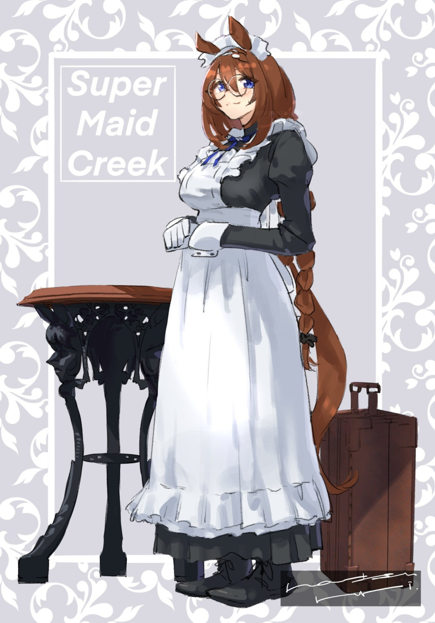 1girl, alternate_costume, animal_ears, apron, bespectacled, black_dress, black_footwear, blue_eyes
