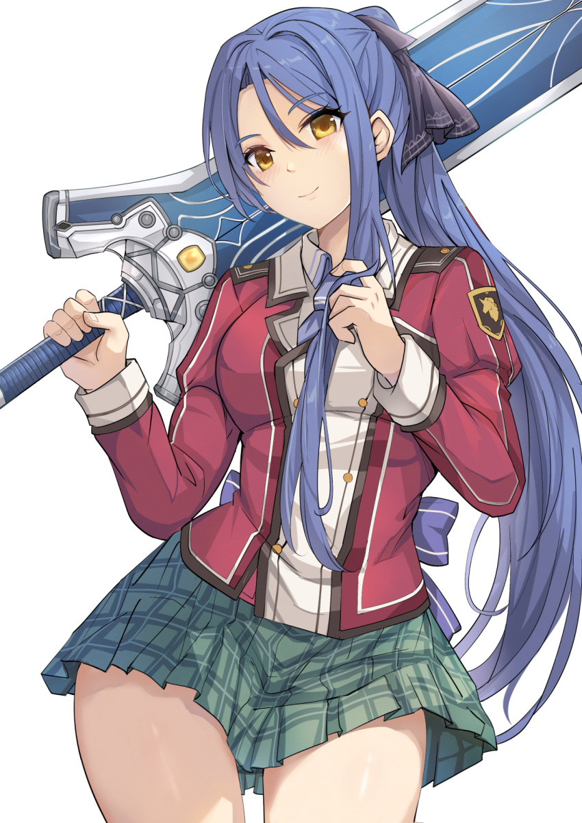 1girl, back_bow, bow, breasts, curtained_hair, eiyuu_densetsu, floating_hair, hair_between_eyes, highres, holding, holding_sword, holding_weapon, huge_weapon, large_breasts, laura_s._arseid, looking_at_viewer, parted_bangs, playing_with_own_hair, ponytail, sen_no_kiseki_(series), sen_no_kiseki_i, simple_background, skirt, smile, solo, sword, thors_military_academy_class_vii_uniform, weapon, white_background, yougenko