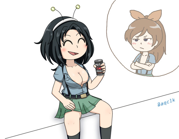 2girls, alternate_costume, aoshidan_school_uniform, aqclk, areola_slip, belt, belt_buckle, black_belt