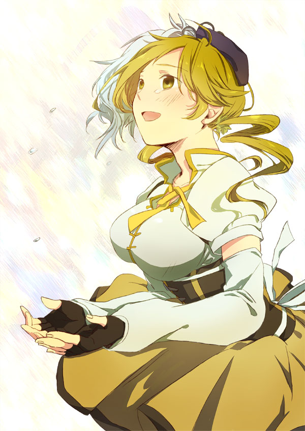 blonde_hair, blush, breasts, drill_hair, fingerless_gloves, gloves, hat, hino_(gonta523)