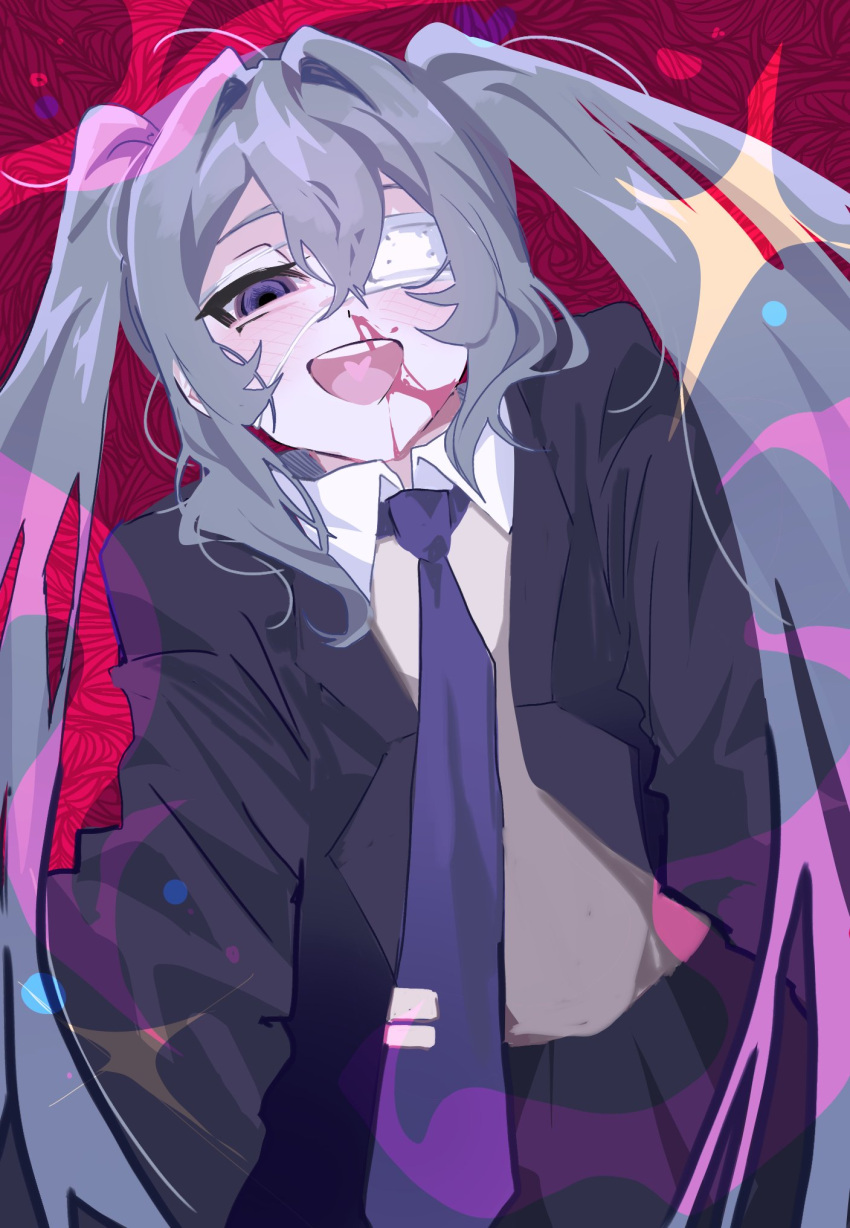 1girl, black_jacket, black_skirt, blood, blue_necktie, collared_shirt, eyepatch, grey_hair, half-closed_eye, hatsune_miku, highres, jacket, jjan-uyu, long_hair, long_sleeves, looking_at_viewer, medical_eyepatch, monitoring_(vocaloid), necktie, nosebleed, open_clothes, open_jacket, open_mouth, red_background, shirt, skirt, smile, solo, upper_body, vocaloid, white_shirt