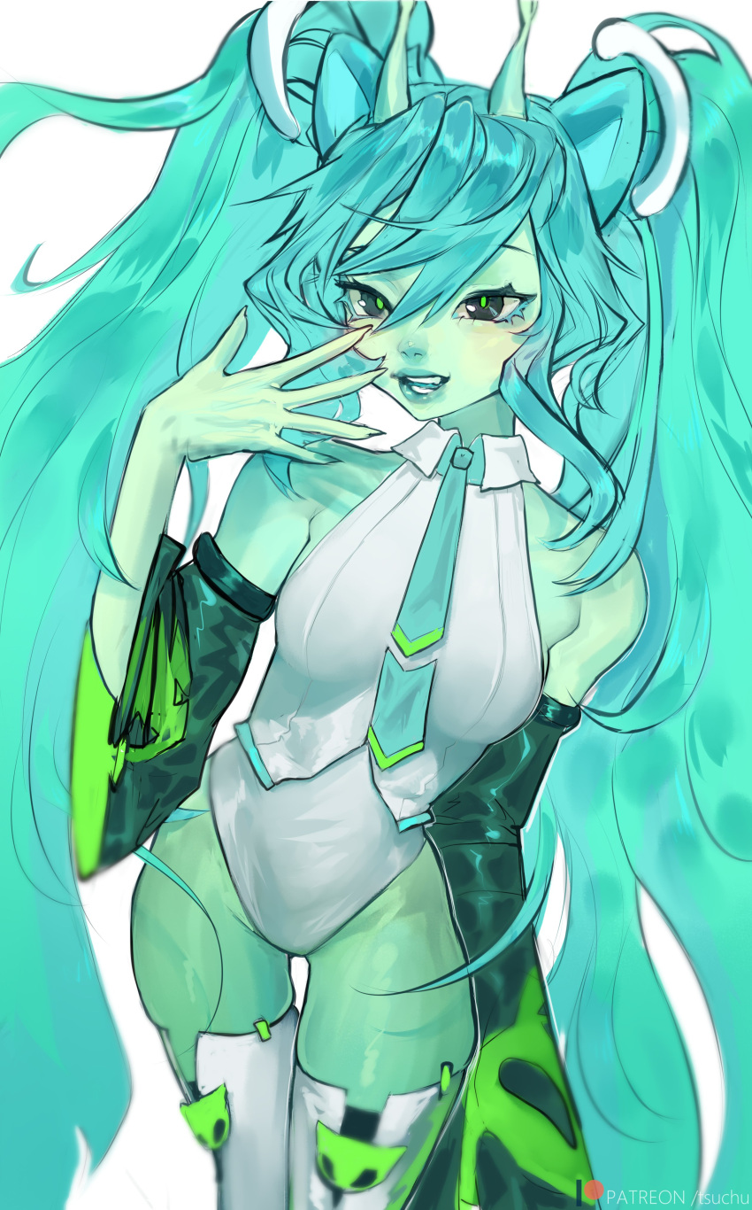 1girl, absurdres, alien, aqua_hair, colored_skin, detached_sleeves, glorpi_miku_(dyarikku), green_skin