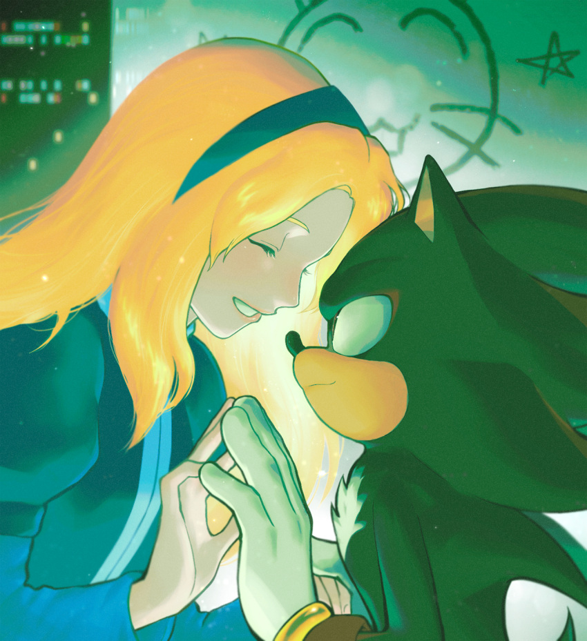 1boy, 1girl, ^_^, black_fur, blonde_hair, blue_hairband, chinese_commentary, closed_eyes