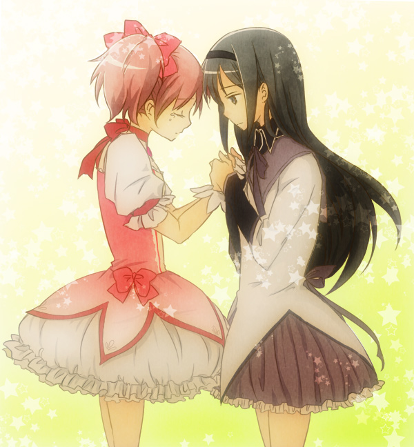 akemi_homura, black_hair, bubble_skirt, closed_eyes, eyes_closed, hand_holding, holding_hands, kaname_madoka, kissa, long_hair, magical_girl, mahou_shoujo_madoka_magica, multiple_girls, no_legwear, pink_hair, short_hair, short_twintails, star, tears, twintails, yellow_background
