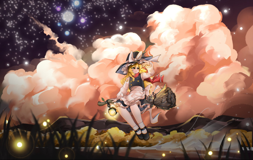 1girl, apron, black_footwear, black_hat, blonde_hair, bow, broom, closed_mouth