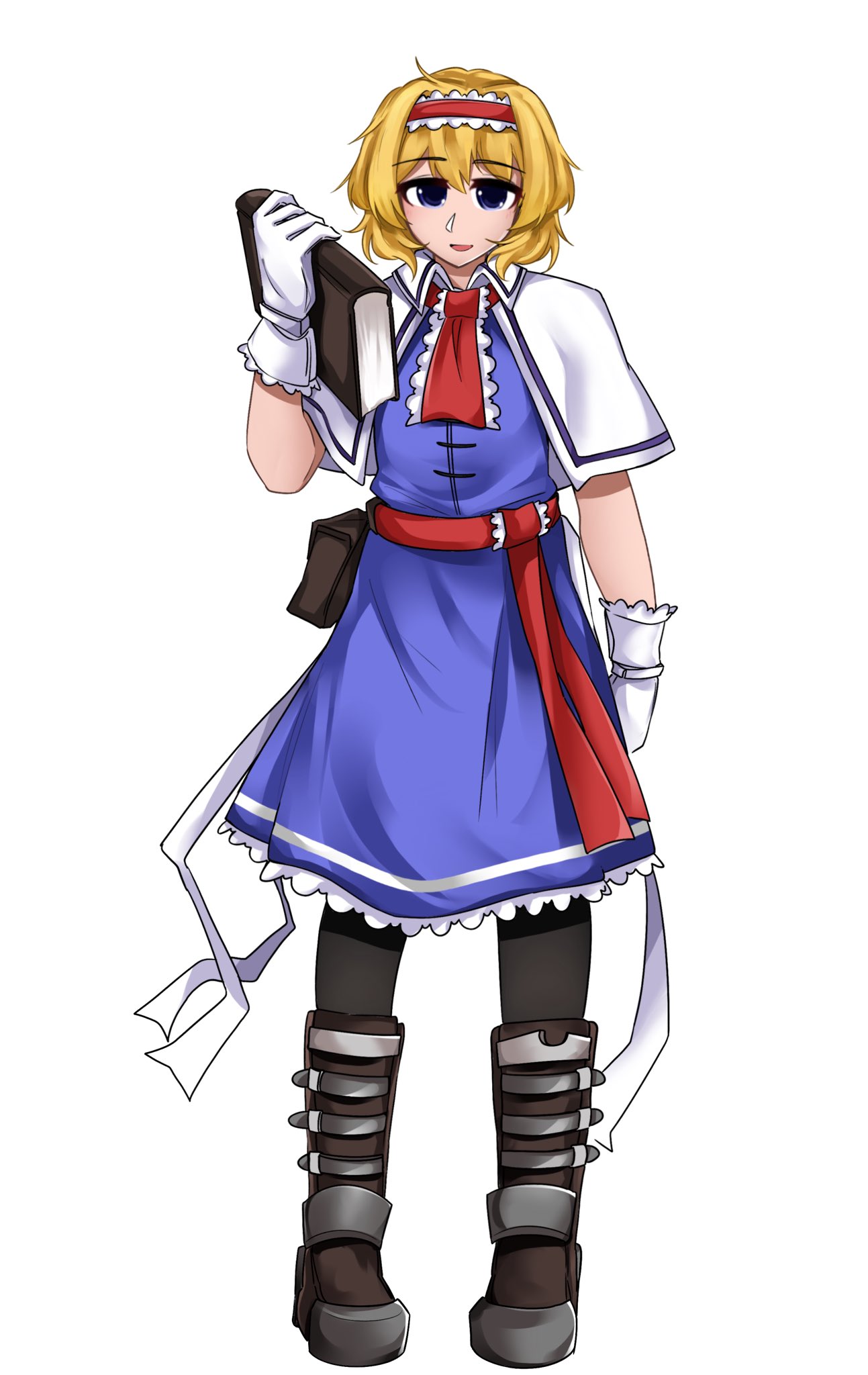 1girl, alice_margatroid, blonde_hair, blue_dress, blue_eyes, book, boots, capelet
