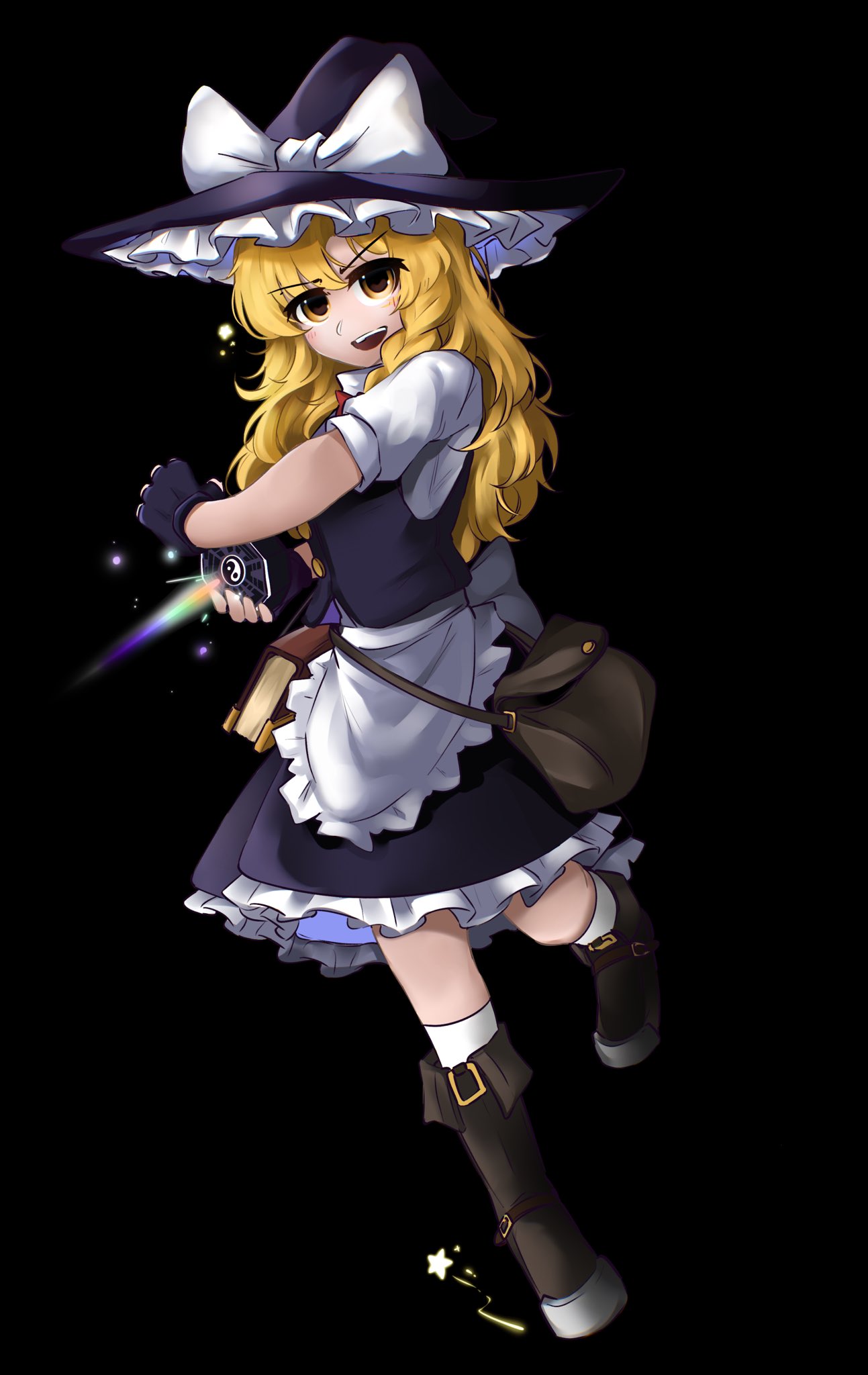 1girl, apron, black_background, black_footwear, black_gloves, black_hat, blonde_hair, bow