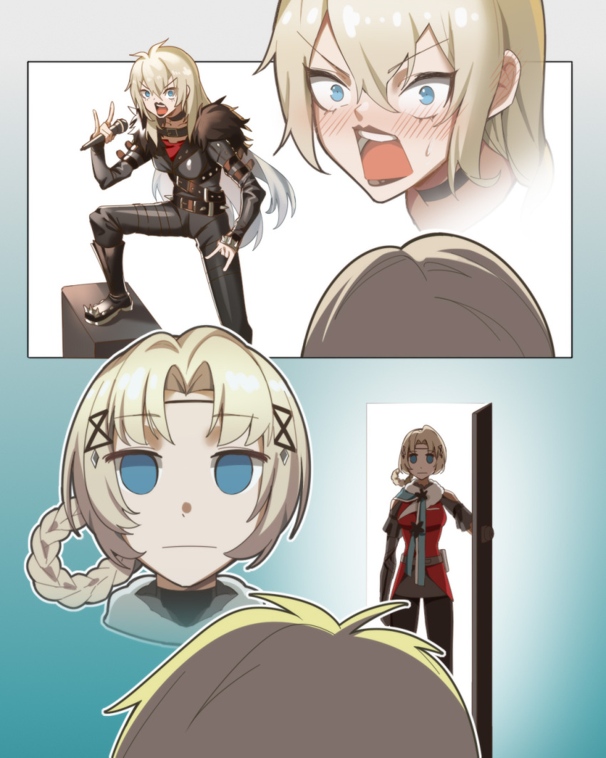 2girls, alternate_costume, black_choker, blonde_hair, blue_eyes, bluebeel2, blush, choker