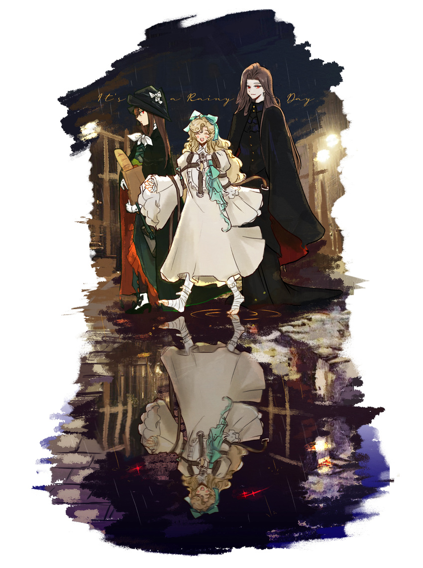 3girls, ^_^, aqua_bow, bag, bandaged_foot, bandages, black_cape, black_footwear, black_hat, black_shirt, black_skirt, blonde_hair, border, bow, bread, brown_hair, cape, closed_eyes, different_reflection, dress, english_text, fading_border, food, full_body, gloves, glowing, glowing_eyes, grocery_bag, hair_bow, hat, highres, holding, holding_bag, juliet_sleeves, long_dress, long_sleeves, looking_at_viewer, lorelei_(reverse:1999), multiple_girls, neckerchief, night, night_sky, ong_(fyza2772), open_mouth, profile, puffy_sleeves, rain, red_eyes, reflection, reflective_water, reverse:1999, semmelweis_(reverse:1999), shirt, shopping_bag, skirt, sky, smile, tricorne, valentina_(reverse:1999), walking, wet_floor, white_dress, white_gloves, white_neckerchief, wide_sleeves