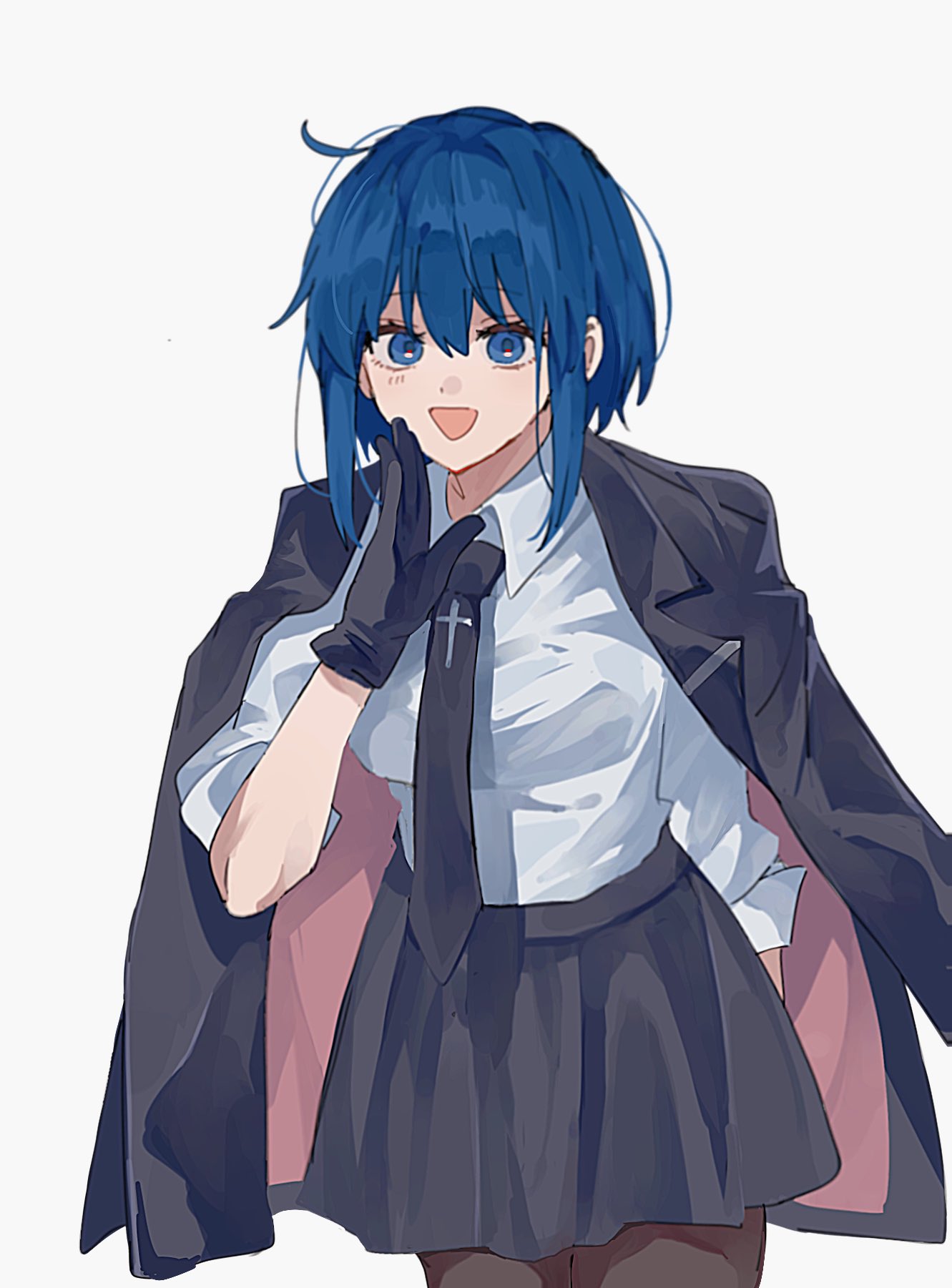 1girl, :d, arm_behind_back, black_gloves, black_necktie, black_skirt, blue_eyes, blue_hair