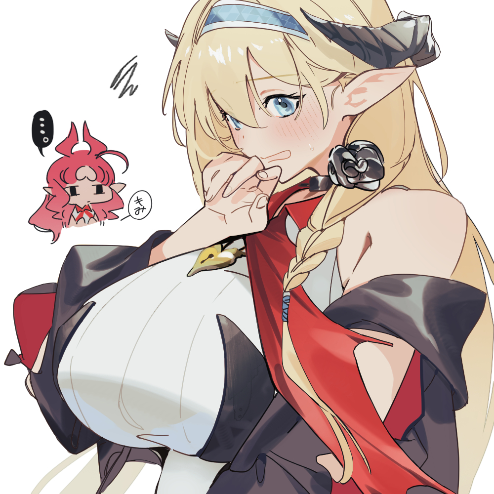 2girls, ahoge, arknights, blonde_hair, blue_hairband, blush, braid, breast_envy