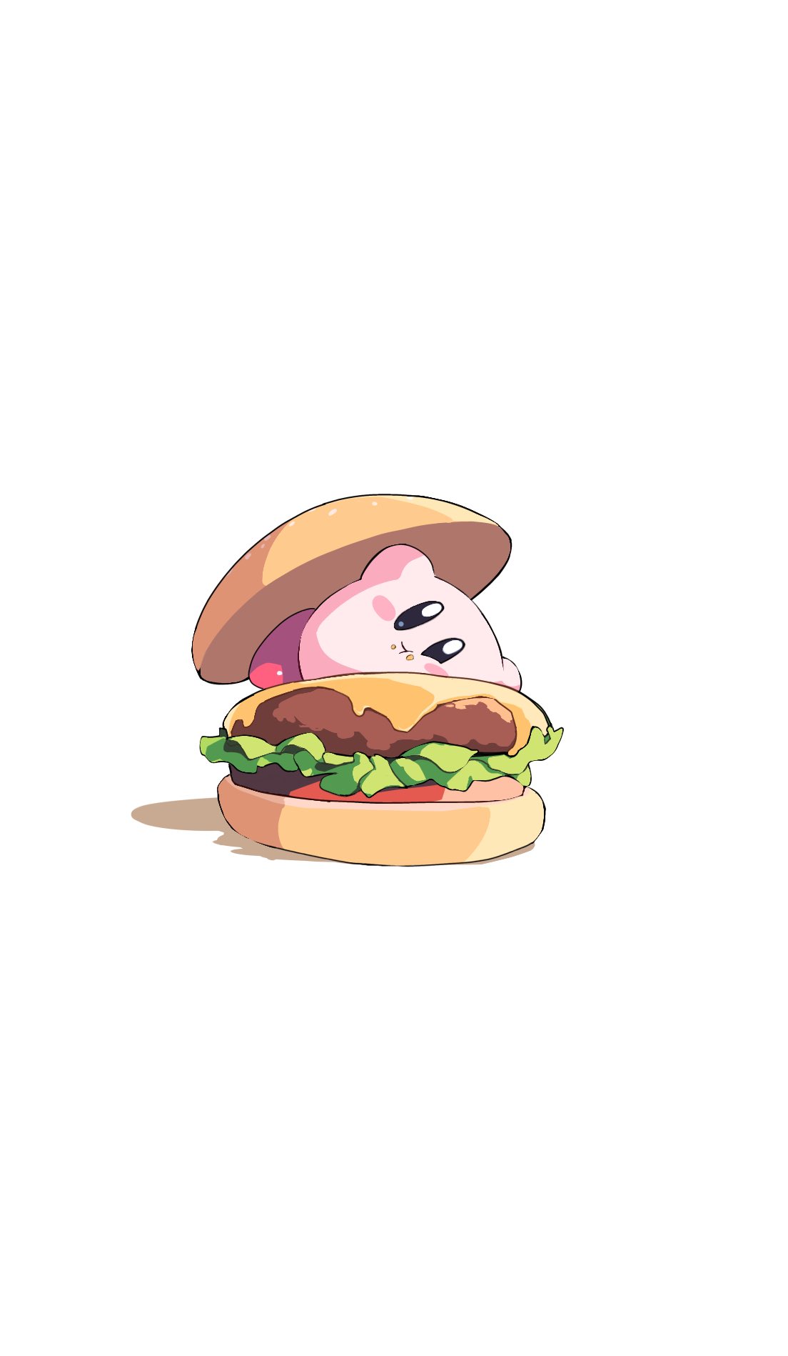 :t, blue_eyes, blush_stickers, burger, cheese, closed_mouth, colored_skin, crumbs