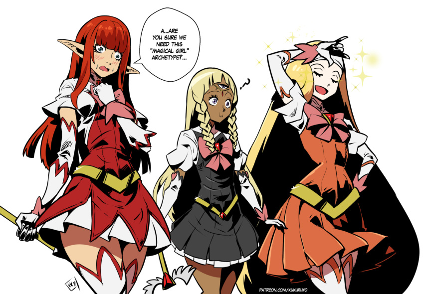 3girls, :3, ?, alternate_costume, blonde_hair, blue_eyes, blunt_bangs, blush