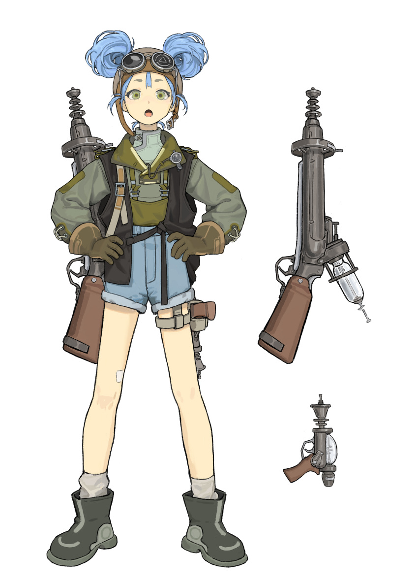 1girl, absurdres, al3x_alex, black_footwear, blue_hair, boots, commentary_request, denim, denim_shorts, full_body, gloves, green_eyes, hands_on_own_hips, hat, highres, looking_at_viewer, open_mouth, original, shorts, solo, standing, weapon