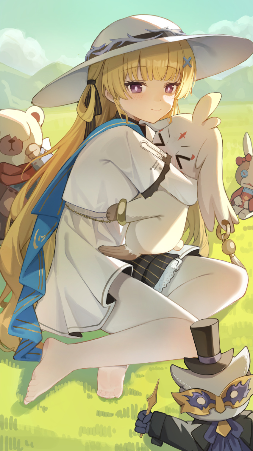 1girl, abby_(wuthering_waves), absurdres, black_bow, blonde_hair, bow, bright_pupils, closed_mouth, commentary, day, feet, from_side, green_sky, hair_bow, hair_ornament, hat, highres, long_hair, looking_at_viewer, no_shoes, outdoors, pantyhose, phoebe_(wuthering_waves), purple_pupils, shengwr, shirt, sitting, skirt, sky, smile, solo, striped_bow, tacet_discord_(wuthering_waves), toes, very_long_hair, violet_eyes, white_hat, white_pantyhose, white_shirt, white_skirt, wuthering_waves, x_hair_ornament, yokozuwari