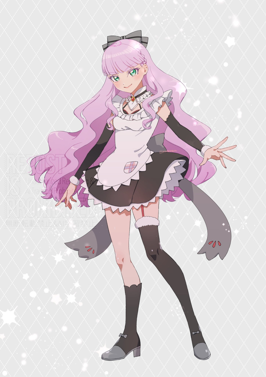 >:), 1girl, apron, argyle_background, black_dress, black_footwear, blunt_bangs, blush