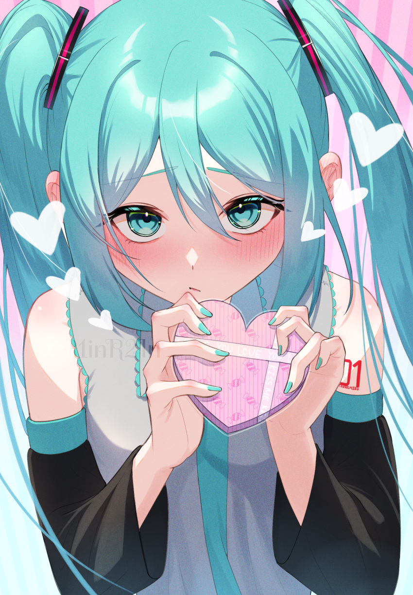 1girl, absurdres, aqua_eyes, aqua_hair, aqua_necktie, black_sleeves, blush, box, closed_mouth, detached_sleeves, embarrassed, gift, grey_shirt, hair_between_eyes, hatsune_miku, heart, heart-shaped_box, highres, holding, holding_gift, igarashi_sora, long_hair, looking_at_viewer, necktie, number_tattoo, shirt, sleeveless, sleeveless_shirt, solo, tattoo, twintails, valentine, vocaloid, watermark