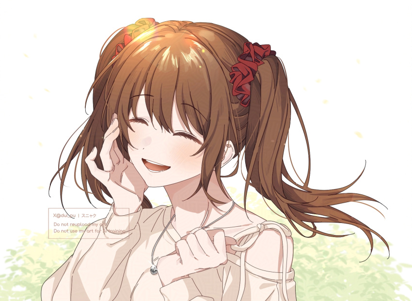 1boy, ^_^, blush, brown_hair, closed_eyes, commentary, hair_ornament, hair_scrunchie