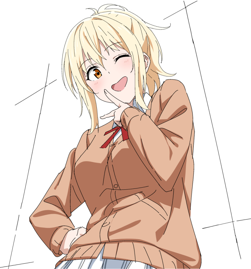 1girl, ;d, blonde_hair, blush, breasts, brown_cardigan, cardigan, collared_shirt