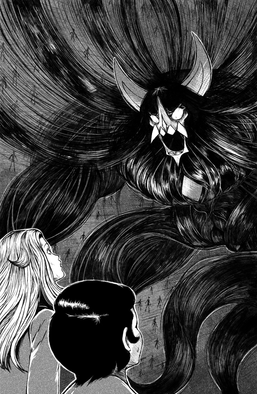 1boy, 1girl, absurdly_long_hair, absurdres, commentary, english_commentary, fangs, greyscale, grimmsnarl, highres, horror_(theme), itou_junji_(style), long_hair, long_sleeves, looking_at_another, monochrome, okto_(oktorisuyet), open_mouth, pokemon, pokemon_(creature), pokemon_swsh, shirt, small_pupils, very_long_hair