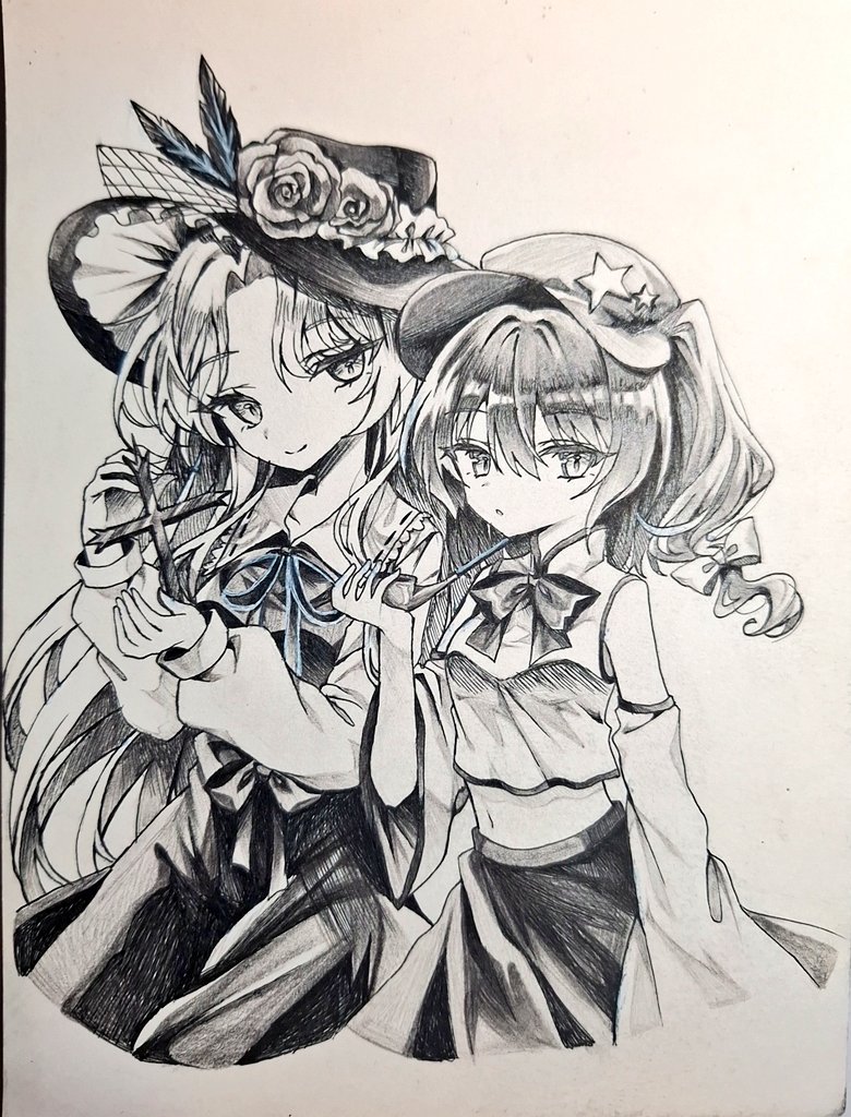 2girls, bare_shoulders, bow, bowtie, cabbie_hat, closed_mouth, collared_shirt, commentary_request