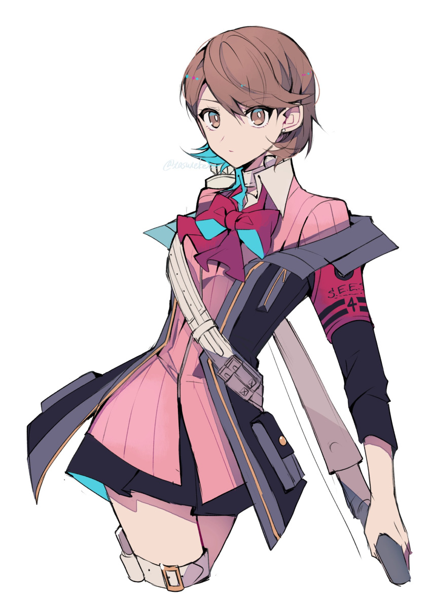1girl, absurdres, armband, black_jacket, black_skirt, bow, bow_(weapon), bowtie, brown_eyes, brown_hair, cardigan, choker, closed_mouth, collared_shirt, cowboy_shot, cropped_legs, earrings, gekkoukan_high_school_uniform, highres, holding, holding_bow_(weapon), holding_weapon, holster, jacket, jewelry, looking_at_viewer, loose_bowtie, miniskirt, open_clothes, open_jacket, persona, persona_3, persona_3_reload, pink_cardigan, pleated_skirt, red_armband, red_bow, red_bowtie, ribbed_cardigan, s.e.e.s, school_uniform, shirt, short_hair, skirt, solo, stud_earrings, swept_bangs, takeba_yukari, teketeke_(tasutekete), thigh_holster, twitter_username, weapon, white_background, white_choker, white_shirt
