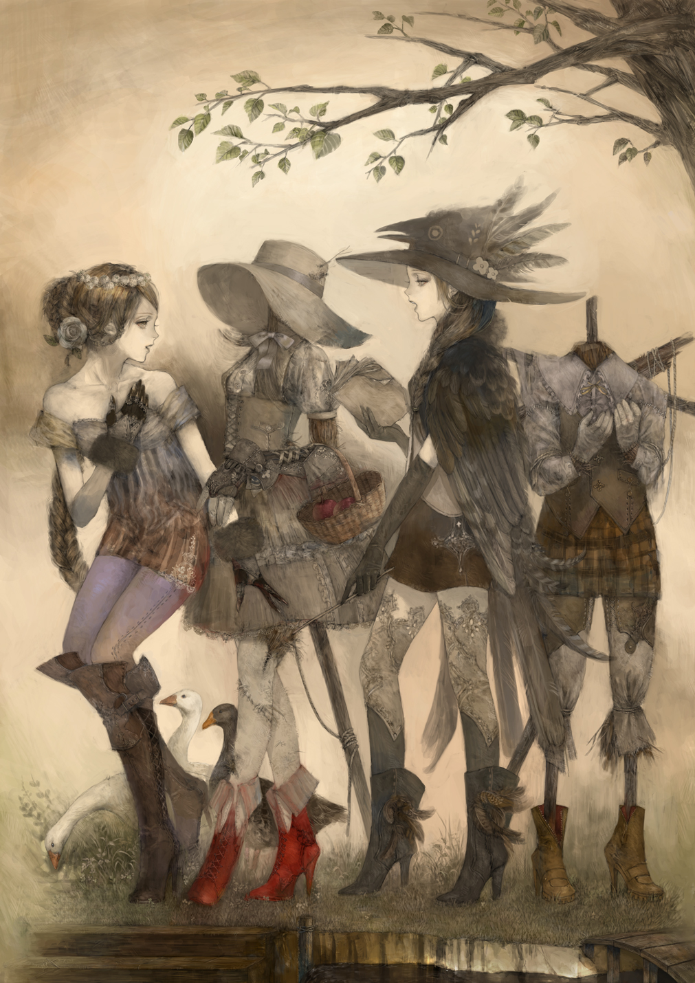 apple, bad_id, bare_shoulders, basket, bird, book, boots, braid, creepy, duck, elbow_gloves, feathers, flower, food, fruit, gloves, hair_flower, hair_ornament, hair_up, hat, head_wreath, headless, highres, kera_(ggg33), manequin, mannequin, multiple_girls, original, pantyhose, profile, thighhighs, tree, wings