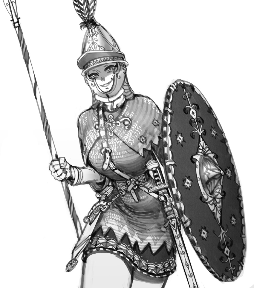 1girl, absurdres, armor, armored_dress, chainmail, dress, fighting_stance, greyscale, helmet, highres, holding, holding_polearm, holding_weapon, light_smile, looking_at_viewer, monochrome, original, polearm, sheath, shield, smile, solo, spear, standing, sword, wass_nonnam, weapon