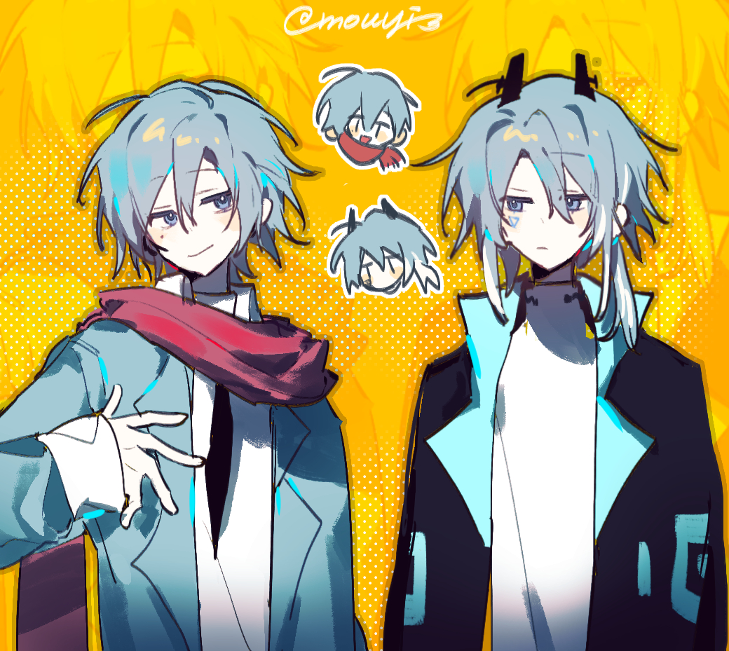 2boys, bilibili, blue_eyes, blue_hair, blue_jacket, character_request, closed_mouth, collared_shirt