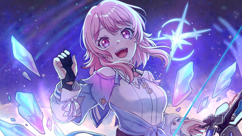 1girl, archery_shooting_glove, bang_dream!, black_choker, black_gloves, blue_jacket, bow_(weapon), bra_strap