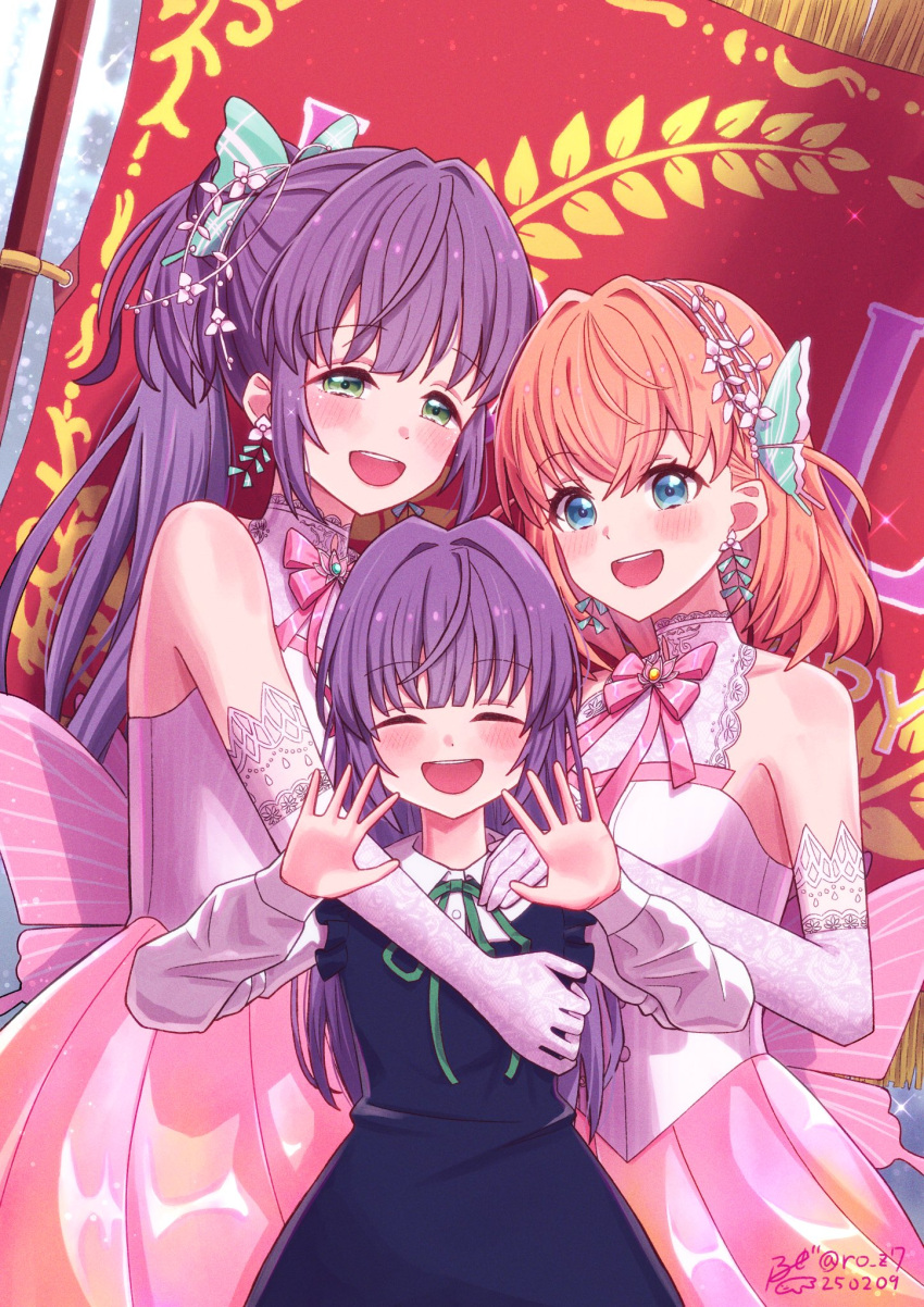 3girls, :d, ^_^, aged_down, aurora_flower_(love_live!), bare_shoulders, black_dress, blue_eyes