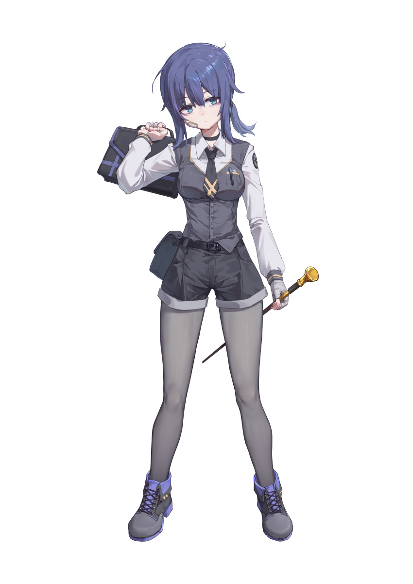 1girl, absurdres, bag, belt, black_pantyhose, blazer, blue_eyes, blue_hair