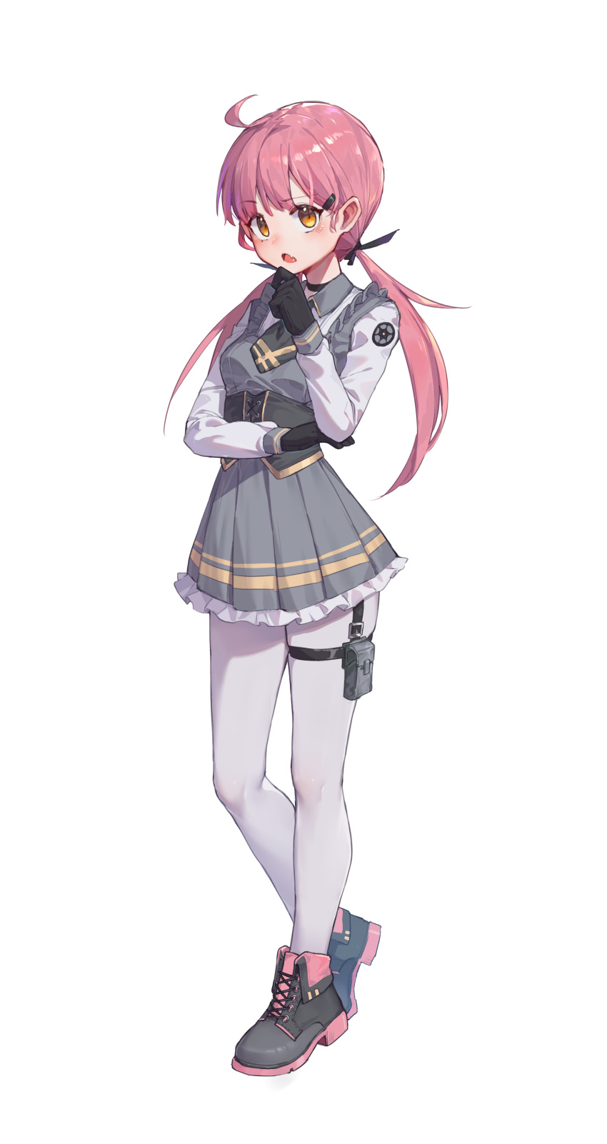 1girl, absurdres, ahoge, black_gloves, boots, breasts, brown_eyes, choker, collar, corset, dress, frilled_dress, frills, gloves, hair_ribbon, highres, long_hair, long_sleeves, looking_at_viewer, necktie, open_mouth, original, pantyhose, pink_hair, pleated_dress, ribbon, skindentation, small_breasts, thigh_strap, very_long_hair, white_background, white_pantyhose, xiongmao