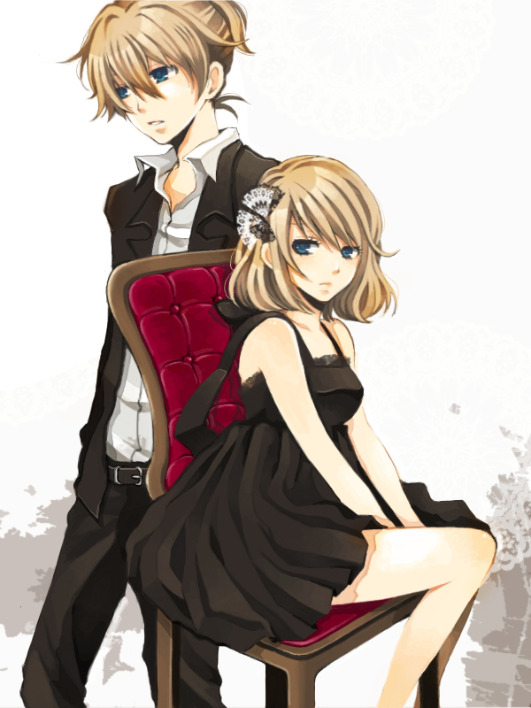 blonde_hair, brother_and_sister, chair, formal, kagamine_len, kagamine_rin, short_hair, siblings, sitting, tomoko, twins, vocaloid