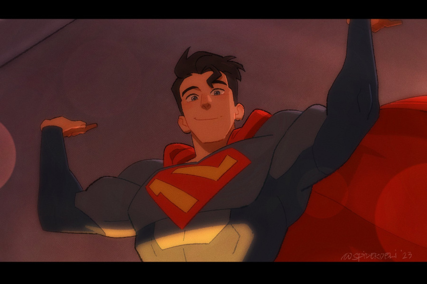 1boy, arms_up, artist_name, black_hair, blue_eyes, cape, clark_kent, dc_comics