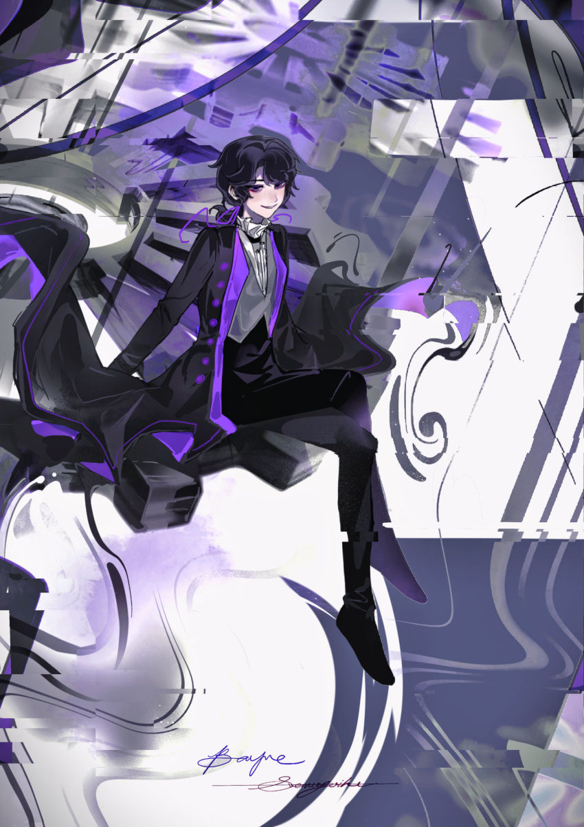 16personalities, 1boy, abstract_background, absurdres, black_choker, black_coat, black_hair, black_pants, choker, coat, commander_(16personalities), distortion, full_body, hair_ribbon, highres, long_hair, long_sleeves, looking_at_viewer, low_ponytail, multicolored_hair, pants, parted_bangs, ponytail, purple_hair, purple_ribbon, qialuobaibaidebanmouren, ribbon, shirt, sitting, smile, solo, spiral_staircase, stairs, streaked_hair, violet_eyes, white_shirt