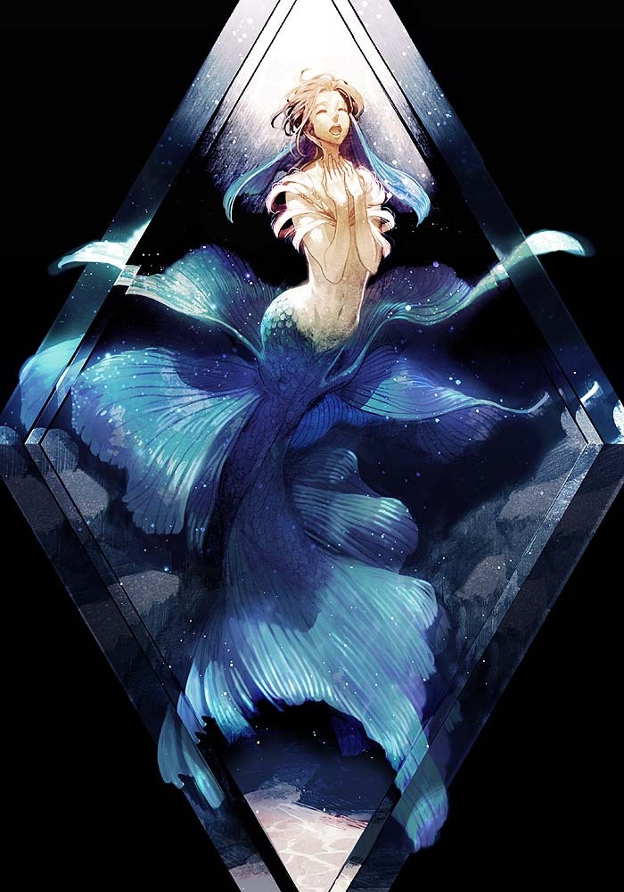 blonde_hair, blue, brown_hair, closed_eyes, eyes_closed, fins, mermaid, monster_girl, navel, open_mouth, original, sato_(vintage), singing, solo